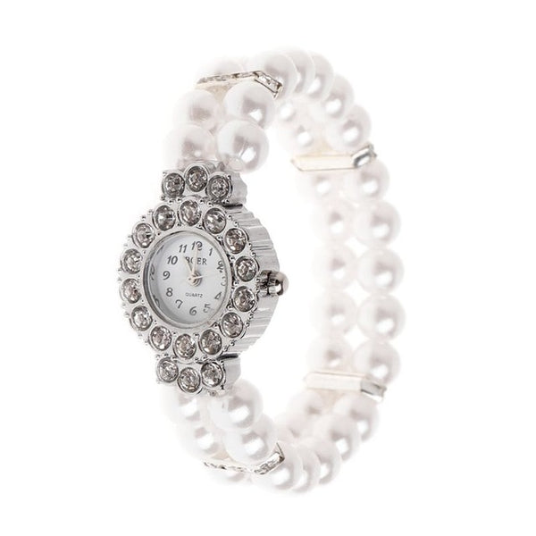 Women Watch Simulated Pearl Rhinestone Luxury Elegant Wrist Band Bracelet Jewelry Gifts Lady Elastic Universal Charms